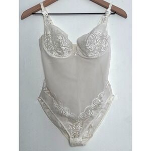 Gemma France Vintage Mesh Ivory Lace Fishnet Underwire Bodysuit Lingerie 36C